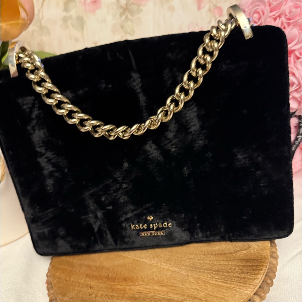 Kate Spade Black Velvet Shoulder Bag with Gold Chain